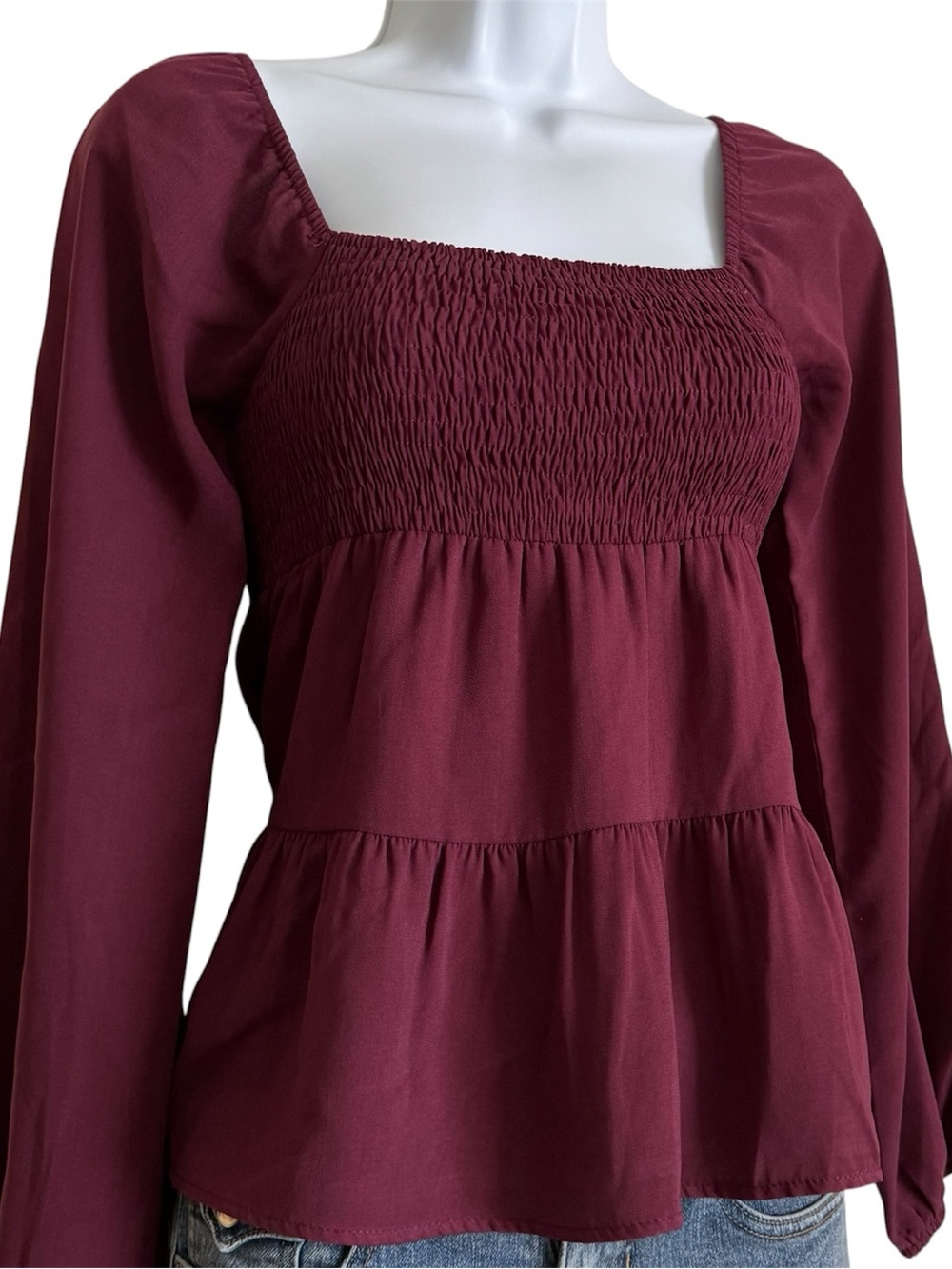 Paper Crane Burgundy Smocked Square Neck Tiered Peplum Top Women’s Small